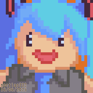 pixel art of a head shot of a smiling hatsune miku. she is very round and all the details are simplified, as she is based on a plushie, and the pixels are very large
